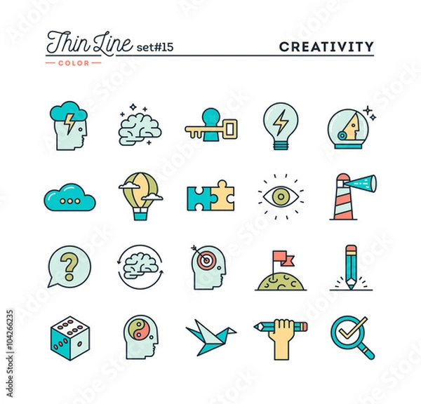 Obraz Creativity, imagination, problem solving, mind power and more, thin line color icons set, vector illustration