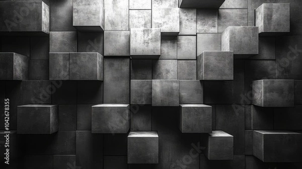 Obraz A unique arrangement of three-dimensional blocks creates an abstract visual on a textured wall, highlighting varying dimensions and shadows. This design can enhance modern interior spaces.