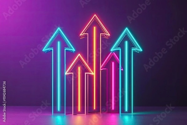 Obraz Colorful neon arrows indicating growth on a dark background.