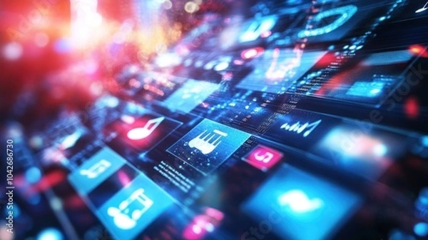 Fototapeta Digital interface featuring music and data visualization elements.