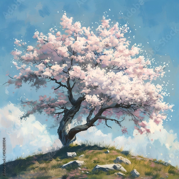 Obraz Sakura cherry blossom on the hill bright sky background.