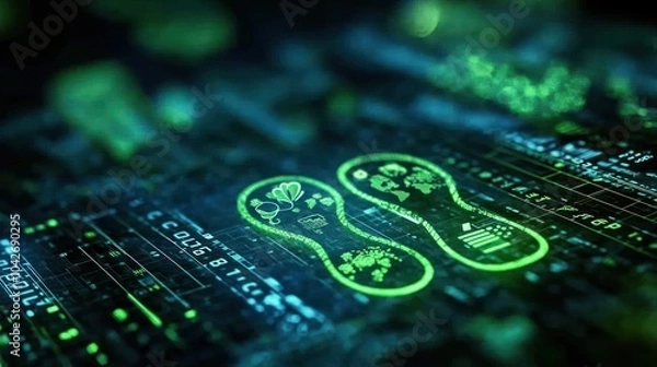 Fototapeta A digital representation of biological elements with glowing graphics and data overlay.