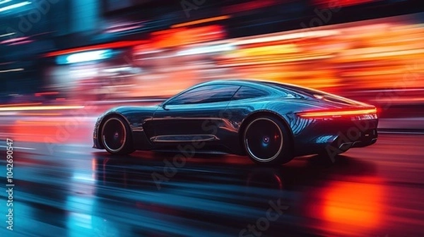 Fototapeta Futuristic car at high speed at night in city with motion blur