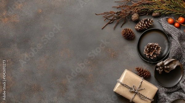 Fototapeta dark gray background with Christmas decorations around the edges, including presents and pine cones