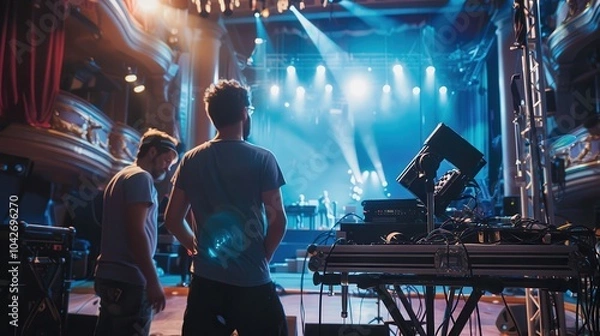 Fototapeta Stage Crew Prepares for Event with Lighting Setup