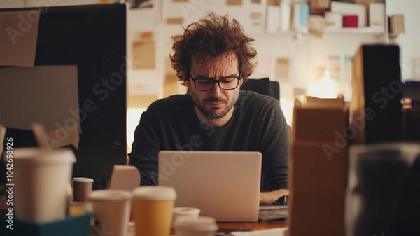 Fototapeta Stressed developer sitting at cluttered desk, focused on laptop amidst coffee cups and papers. chaotic environment reflects pressure of work and creativity