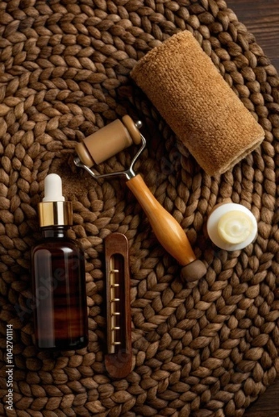 Fototapeta Spa essentials arranged on a woven mat.