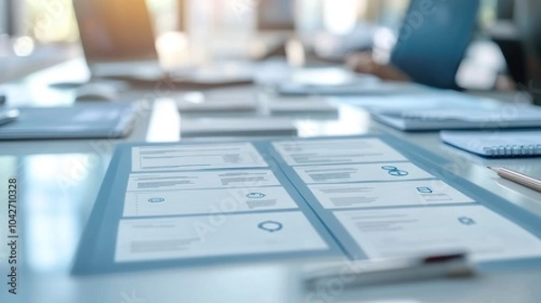 Fototapeta Documents and laptops on a conference table, suggesting a business meeting or discussion.