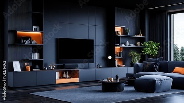 Fototapeta Sleek Modern Living Room Design Featuring a TV Cabinet and Contemporary Accents for a Stylish Home Vibe