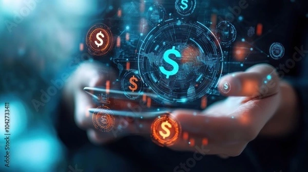 Fototapeta A person holding a smartphone with digital currency symbols and data graphics.