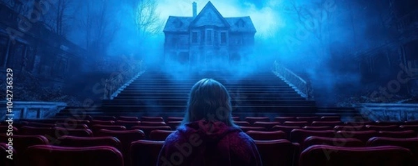 Obraz Mysterious figure in a dark theater gazes at an eerie, fog-shrouded house, evoking feelings of suspense and intrigue