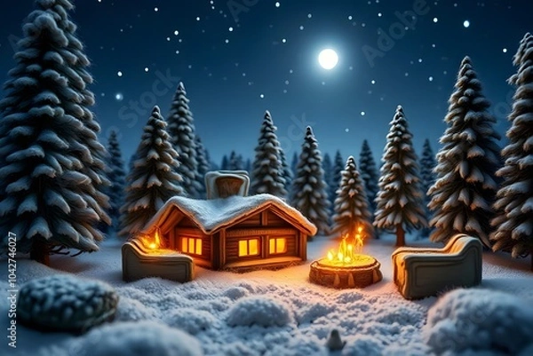 Fototapeta Nordic-Inspired Christmas Scene "A minimalist winter scene inspired by Scandinavian design, featuring simple wooden houses covered in snow. The houses are decorated with understated holiday elements l