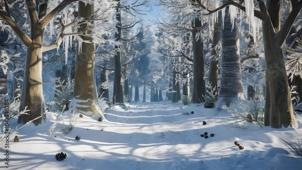 Fototapeta Nordic-Inspired Christmas Scene "A minimalist winter scene inspired by Scandinavian design, featuring simple wooden houses covered in snow. The houses are decorated with understated holiday elements l