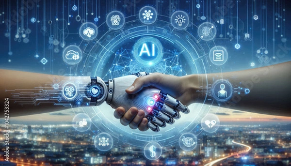 Obraz AI and Human Collaboration: Futuristic Handshake Between Human and Robot Surrounded by Holographic Digital Icons Representing Machine Learning, Automation, and Technological Innovation