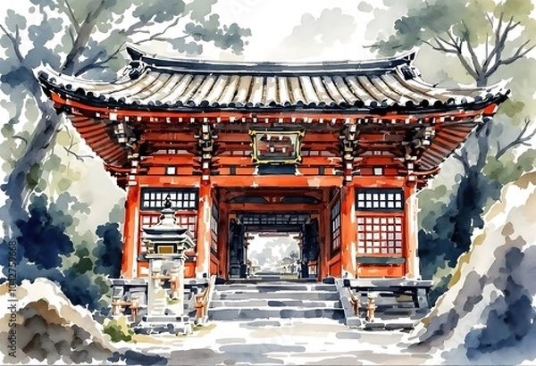Obraz Watercolor sketch or illustration of a beautiful view of the Tsurugaoka-Hatimangu Temple. This is a Shinto temple in Japan.
