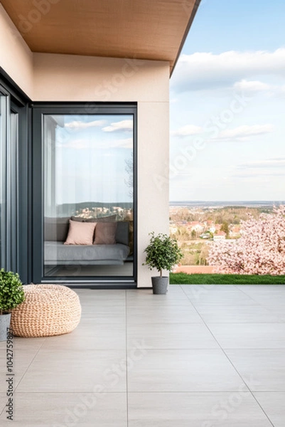 Fototapeta Modern outdoor patio with view of blooming trees and a cozy seating area in springtime