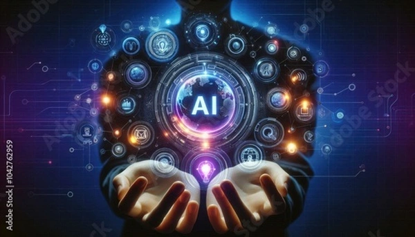Obraz Immersive AI Experience: Person Using VR Headset Interacting with Holographic AI Interface, Featuring Digital Icons for Data Processing, Automation, and Global Connectivity