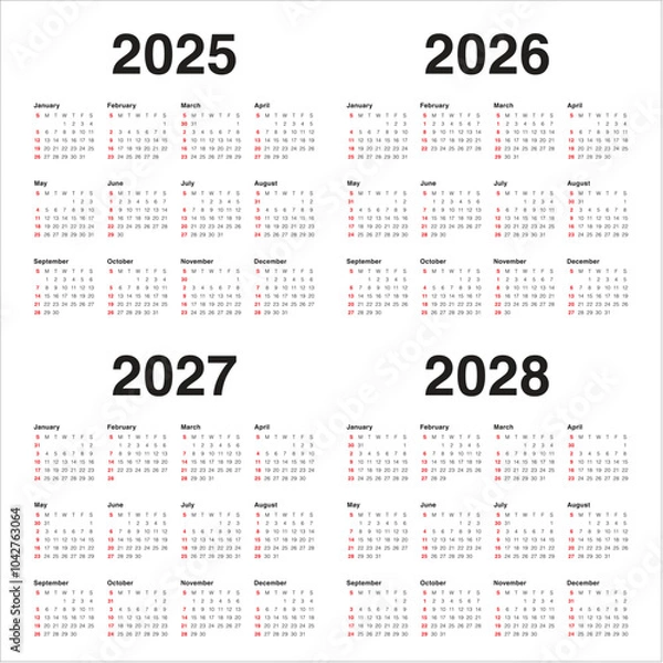 Fototapeta 2025 2026 2027 2028 year calendar vector design template