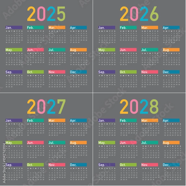 Fototapeta 2025 2026 2027 2028 year calendar vector design template