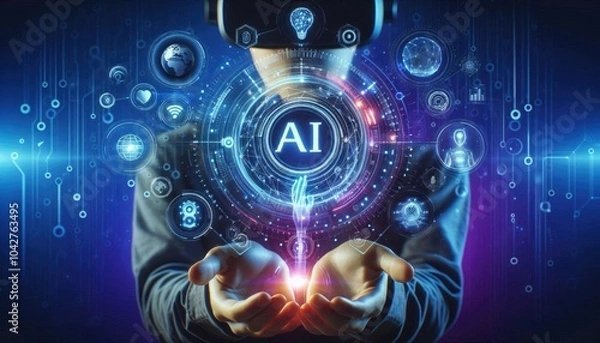 Obraz Immersive AI Experience: Person Using VR Headset Interacting with Holographic AI Interface, Featuring Digital Icons for Data Processing, Automation, and Global Connectivity