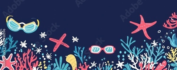 Fototapeta A colorful underwater scene featuring swimming goggles, corals, and starfish.