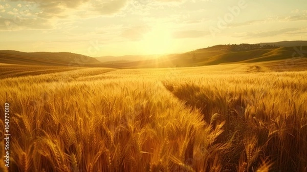 Fototapeta Golden wheat field at sunset with hills in the background.