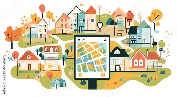 Fototapeta A colorful illustration of a neighborhood map surrounded by houses and trees.