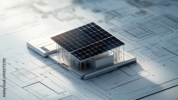 Obraz A 3D model of a solar-powered building on architectural blueprints.