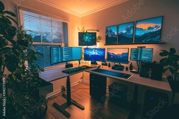 Fototapeta A well-lit home office with multiple monitors, a standing desk, and potted plants.