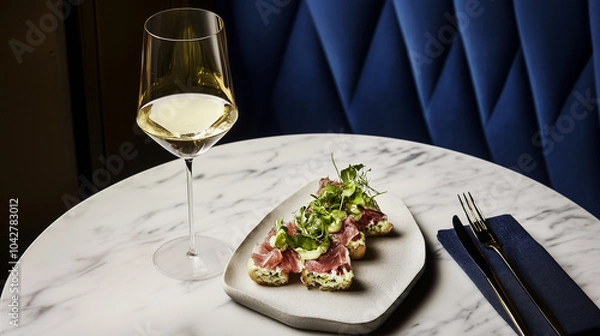 Obraz Gourmet fine dining at upper echelon Michelin star luxury restaurant with dimlit ambience and cutting-edge food design and first class vintage wine selection - chef's kiss