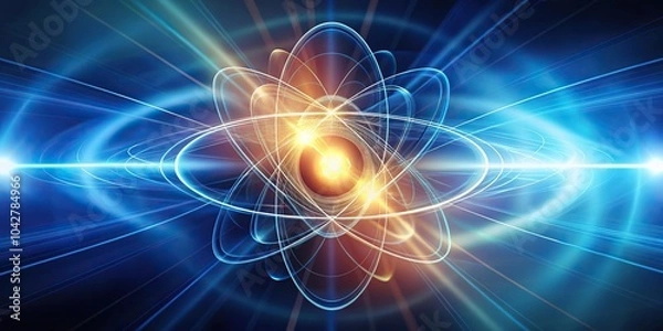 Fototapeta Illuminating electron transition visualizing photon emission in atom with light streaks extreme close-up
