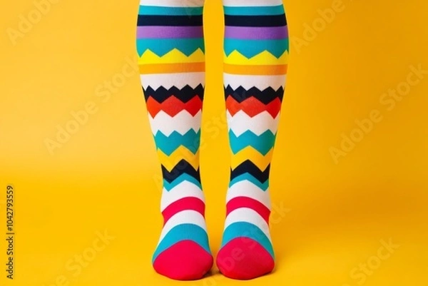 Fototapeta Quirky knee-high socks with bright patterns, close-up of legs, fun National Sock Day.
