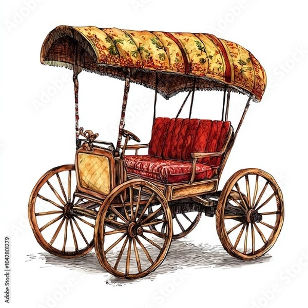 Fototapeta Vintage horse-drawn carriage with ornate canopy and red upholstery on a white isolate background.