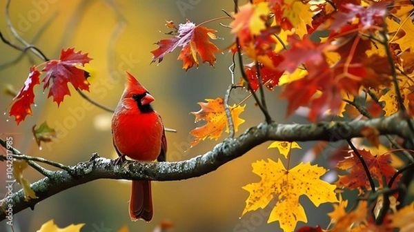 Fototapeta Cardinal sitting on a limb covered with fall departs its bright red color fitting in well