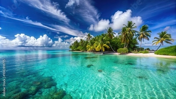 Fototapeta description: A serene tropical getaway with crystal clear waters and lush greenery