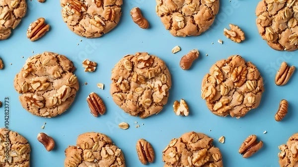 Fototapeta Cereal cookies that are just made and have nuts and walnuts on an indigo backdrop