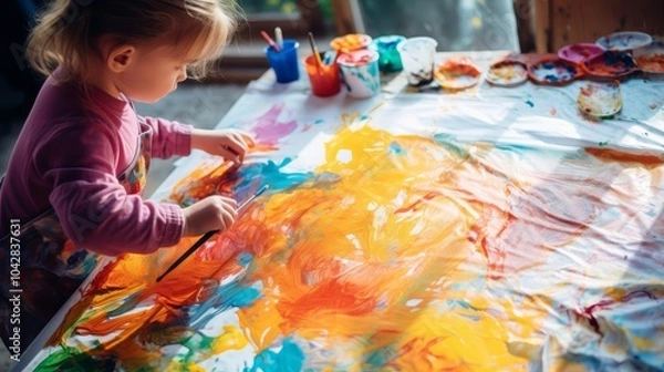 Fototapeta little child painting with brush