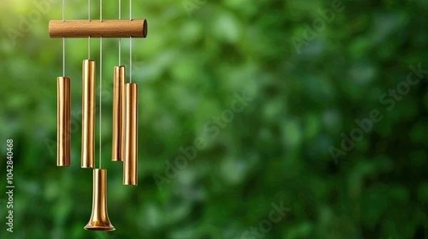 Fototapeta A close-up of a wind chime with golden tubes, gently swaying against a lush green blurred background, creating a serene and peaceful atmosphere.