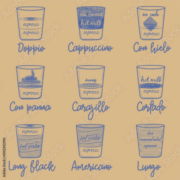 Obraz Different coffee in vintage style drawing on the craft paper