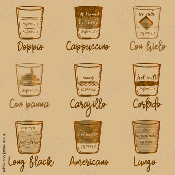 Obraz Different coffee in vintage style drawing with golden stripe line on the craft paper