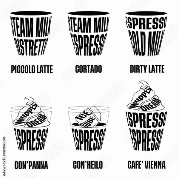 Obraz Different coffee in vintage style drawing with black font on the white background