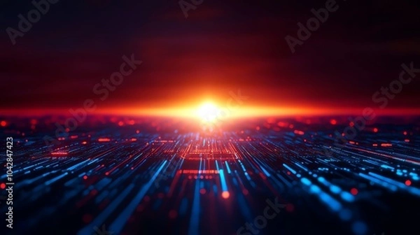 Obraz Futuristic digital landscape with glowing horizon