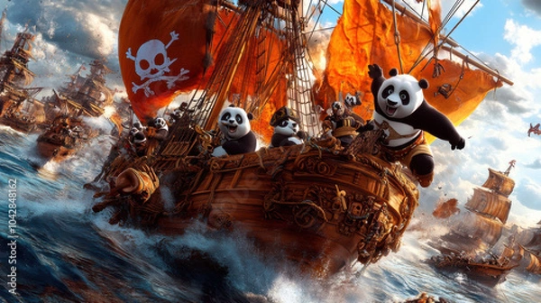 Fototapeta Adventurous pandas sailing pirate ship through stormy seas!