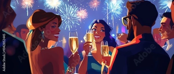 Fototapeta Celebration with friends and fireworks display