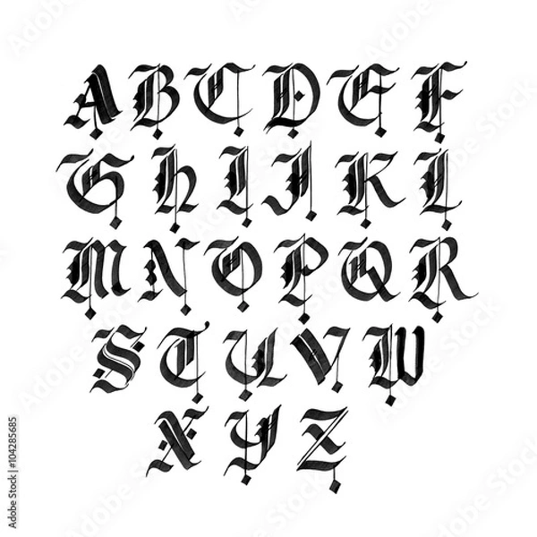 Obraz Hand drawn gothic ink pen font. Capital black letters on white background.