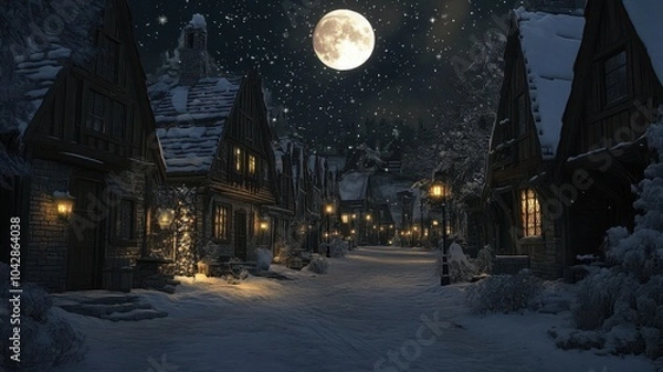 Fototapeta A Serene snowy village at night with warmly lit houses with full moon,charming winter scene with a festive feel,winter,Merry christmas holiday,New year and xmas celebration,Vector illustration.