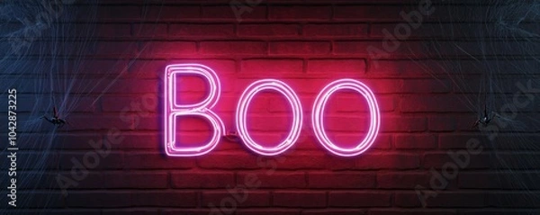 Fototapeta Neon Boo sign with spider webs, spooky haunted house backdrop.