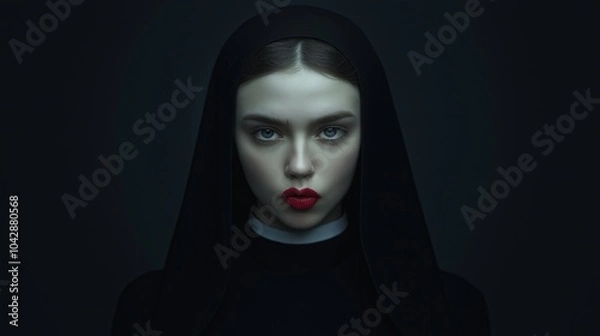 Fototapeta A striking portrait of a nun with a pale face and vibrant red lips, wearing a black veil, set against a dark background that enhances her dramatic presence