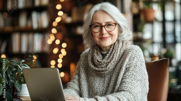 Fototapeta A woman in a gray sweater is sitting at a table with a laptop