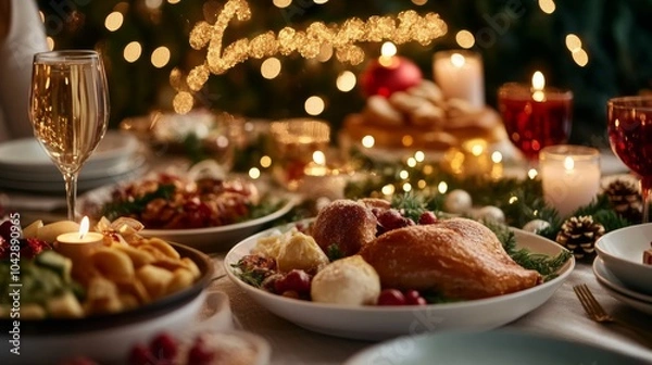 Obraz Festive Christmas Dinner Table Setting with Roast Turkey  Candles  and Wine